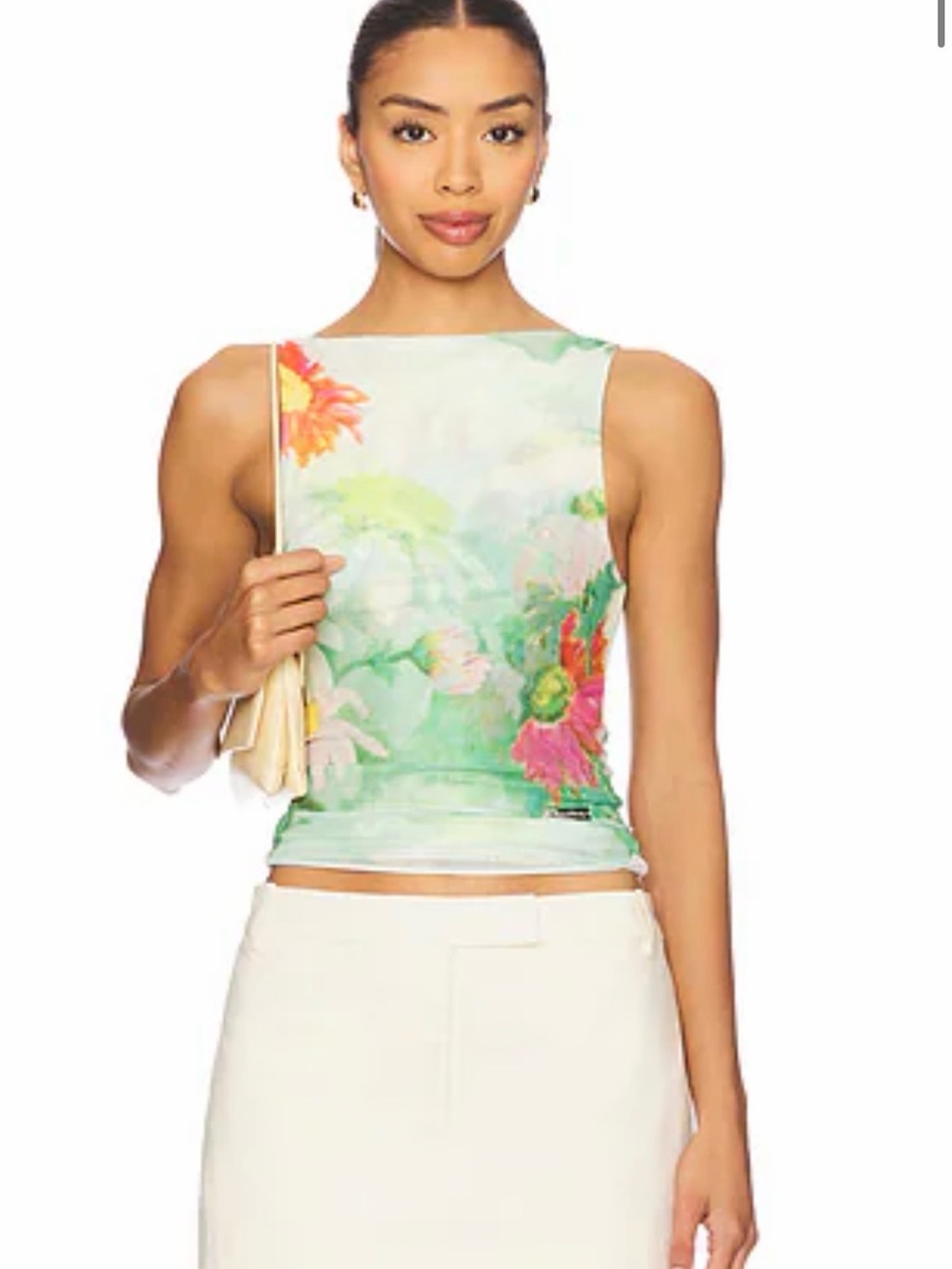 House of Sunny Cosmos Abstract Floral-Print Mesh Top
